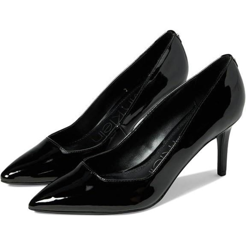 Calvin Klein Womens Black Patent Pointed Toe Stiletto Pumps CK Logo Heels